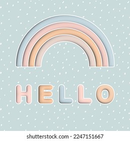 Ilustración de vectores de guardería con arco iris suave y "Hola" en un fondo azul pastel. Arcoiris en un diseño punteado. Dulces Nursery Art para Tarjeta, Wall Art, Afiche. Decoración de habitaciones para niñas y niños.