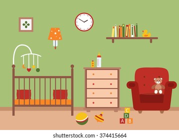 Nursery vector interior. Baby room with cradle, chair,  toys, kid dresser. Flat style illustration