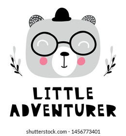 Nursery vector print with bear with text Little Adventurer. Hand drawn graphic for card, banner, baby wear, nursery. Scandinavian style, vector illustration.