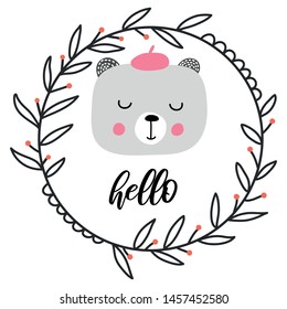 Nursery vector print with bear with text Hello. Hand drawn graphic for card, banner, baby wear, nursery. Scandinavian style, vector illustration.
