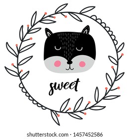 Nursery vector print with fox with text Sweet. Hand drawn graphic for card, banner, baby wear, nursery. Scandinavian style, vector illustration.