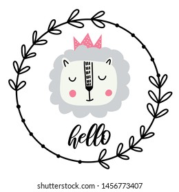 Nursery vector print with lion with text Hello. Hand drawn graphic for card, banner, baby wear, nursery. Scandinavian style, vector illustration.