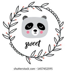 Nursery vector print with panda with text Sweet. Hand drawn graphic for card, banner, baby wear, nursery. Scandinavian style, vector illustration.