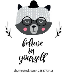 Nursery vector print with skunk with text believe in yourself. Hand drawn graphic for card, banner, baby wear, nursery. Scandinavian style, vector illustration.