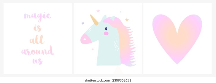 Nursery Vector Prints with Cute Unicorn and Rainbow Heart on a White Background. Abstract Doodle Design With Magic Horse for Wall Art, Poster, Card. Magic is All Around Us. Kids Room Decoration. RGB.