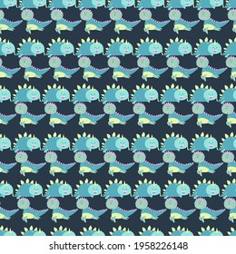 Nursery vector seamess pattern with baby dinosaurs, palm trees, volcanic, meteorites and stars.