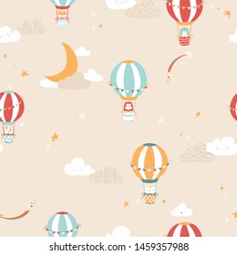 Nursery Vector seamless pattern with vintage balloons with animals on the night sky. Cute face in the Scandinavian style. For children's textiles, wallpaper, fabrics, clothing, packaging