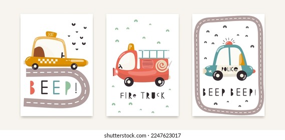 Afiches de arte en el muro de la guardería con diferentes autos de la ciudad - Camión de Fuego, policía, taxi. Impresión vectorial para habitación de bebé, tarjeta de ducha, camiseta para niños. 