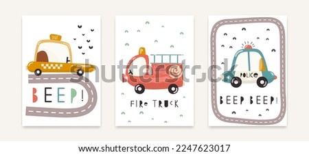 Nursery Wall Art Cute Posters Set with Different City Cars – Fire Truck, Police, Taxi. Vector Print for Baby Room, Shower Card, Kids T-shirt. 