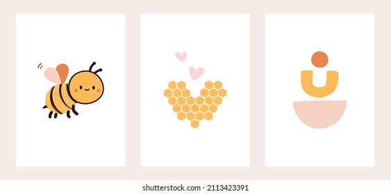 Nursery Wall Art Decoration With Bee Cartoon, Heart And Abstract Boho Geometric Shapes On White Background Vector Illustration.