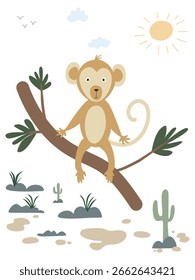 Nursery wall art, Playful monkey relaxing on branch in sunny desert landscape