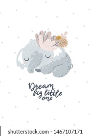 Nursery wall art with sleeping elephant Vector baby animal with flower and text Dream big little one Pastel colors