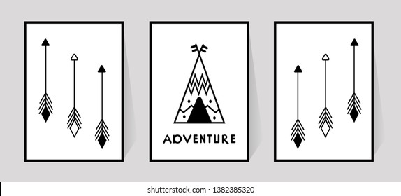 Nursery wall decor of wigwam or tipi in scandinavian style. Inscription Adventure and arrows for print typography. Set monochrome poster for kids room decoration. Vector illustration