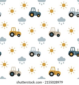 Nursery wallpaper with cartoon tractors. Pattern with cars for boy textile product design. Seamless print of adorable baby fabric. Scandinavian picture of cute kids farm transport on white background.