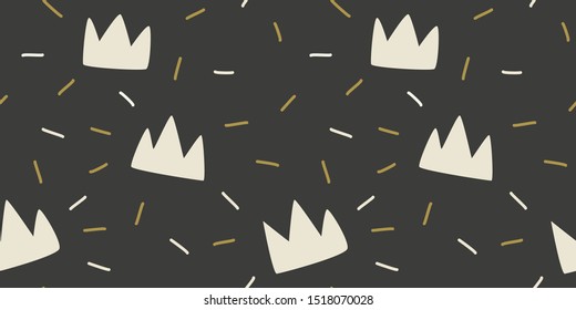 Nursery wallpaper design with shining crown. Seamless scandi pattern with minimalist regal symbols and shapes. Dark grey, white and golden beige repeat textile design. Fabric scandinavian art print.