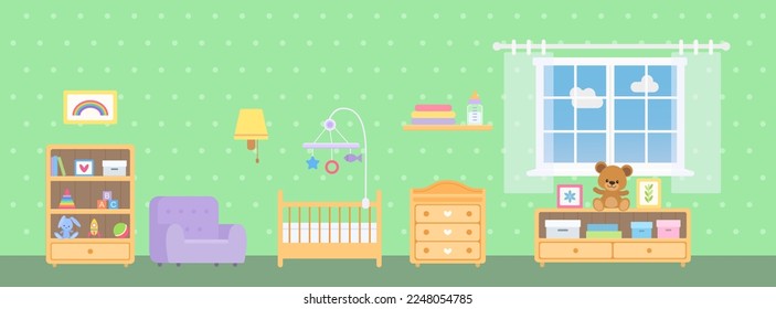 Nursery with window, furniture and toys on green background. Home interior concept. Cartoon flat style. Vector illustration