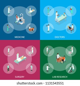 Nurses Attending Patients Banner Set Isometric View Treatment Clinic Staff and Sick Healthcare Concept. Vector illustration of Professional Visit