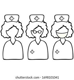 Nurses in a cap with a cross. One in glasses, the other in a medical mask. Vector set of icons. Doctor anonymous. Outline on an isolated background. Doodle style.The subject of health. Sketch. 