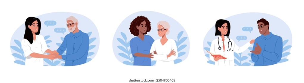 Nurses care for the elderly. A nurse holds hands with a patient in compassion, trust, and supportive care. Caregivers help older people walk.