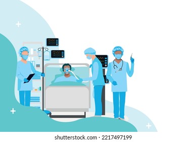 Nurses care for patients in the intensive care unit. Thank you nurses and doctors. Medical technology and life saving. Vector illustration.