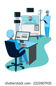 Atención de enfermeras en la unidad de cuidados intensivos. Gracias enfermeras y doctores. Tecnología médica y salvamento de vidas. Ilustración vectorial.