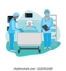 Atención de enfermeras en la unidad de cuidados intensivos. Gracias enfermeras y doctores. Tecnología médica y salvamento de vidas. Ilustración vectorial.
