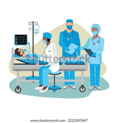 Nurses care for patients in the intensive care unit. Thank you nurses and doctors. Medical technology and life saving. Vector illustration.