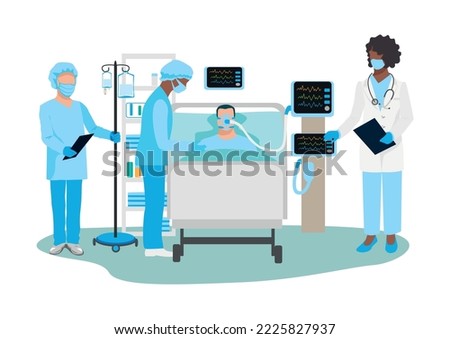 Nurses care for patients in the intensive care unit. Thank you nurses and doctors. Medical technology and life saving. Vector illustration.