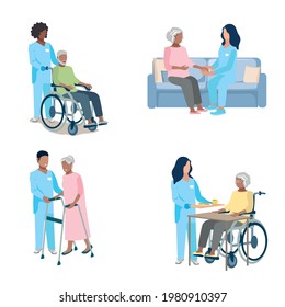 Nurses caring for the elderly set of vector illustrations isolated on a white background.