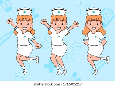 Nurses in cartoon character acting cute isolate on medical object pattern and blue background.
