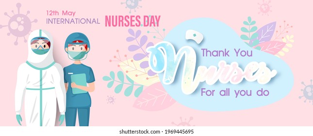 Nurses in cartoon character with wording of Nurse day on decoration plants and virus symbols and pink background. Poster's campaign of International Nurses Day in flat style and banner vector design.