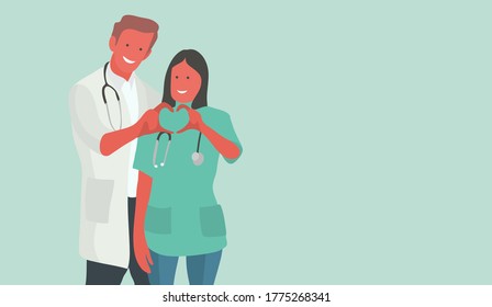 Nurses couple making heart symbol with hands. Pleasant and friendly workers in hospital and medical centers.