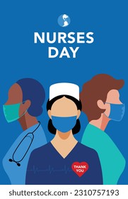 Nurses Day banner. Three nice women in medical uniforms and masks. People of different ethnicity - Chinese, Caucasian, African American. Hospital medical worker concept. Minimalist style illustration