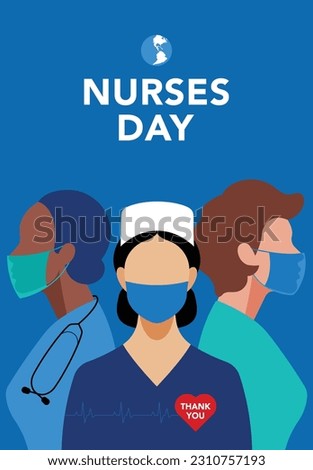Nurses Day banner. Three nice women in medical uniforms and masks. People of different ethnicity - Chinese, Caucasian, African American. Hospital medical worker concept. Minimalist style illustration
