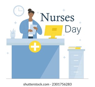 Nurses day concept. Woman in medical gown at workplace. Medical worker in uniform in hospital. Medicine and healthcare. Greeting postcard for international holiday. Cartoon flat vector illustration