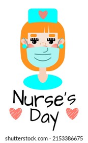 Nurse's Day. Portrait of a cute cartoon red-haired girl with freckles in a nurse's costume in a protective mask. Funny character in a flat style. Avatar, icon, element. Greeting card, poster