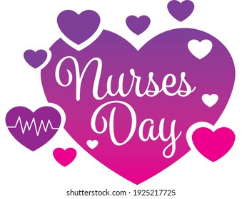 Nurses Day script in graduated pink and purple heart with surrounding hearts
