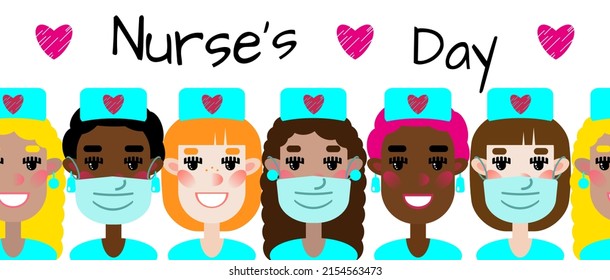 Nurse's Day. Seamless border of portraits of cute cartoon nurses in protective masks and with smiles. Ethnic diversity: white, black, Hispanic. Funny characters in a flat style. Greeting card, poster