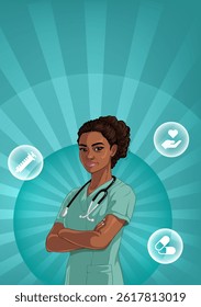 Nurse's Day vertical illustration of a female nurse on a radiant background