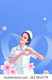 Nurse's Day vertical illustration on the blue background of female nurses than love