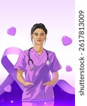 Nurse's Day vertical illustration purple dress female nurse and purple ribbon
