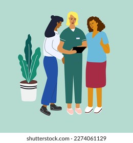 Nurses are discussing about care plan and workflow. Medical team concilium concept. Flat vector illustration.