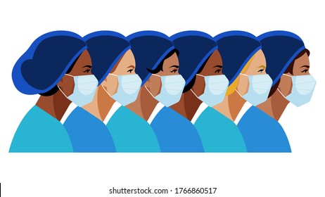 Nurses and doctors. Multi-ethnic women. A group of nurses with different skin color. Medical staff are fighting a viral infection. Vector illustration of a nurse in blue uniform.