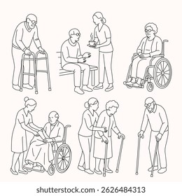Enfermeiros, médicos, assistentes sociais ajudando, apoiando idosos. Ajuda, apoio para idosos em hospital e casa de repouso. ilustração vetorial linear