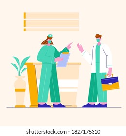 Nurses and doctors talking. Professional medic team vector illustration.