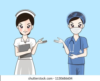 Nurses in formal uniform and surgical dresses.