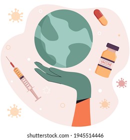 The nurse's gloved hand holds a globe. Medical treatment. Worldwide vaccination. Coronavirus prevention.  Vector illustration on abstract background