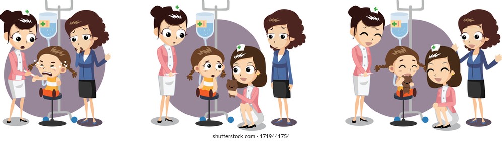 Nurses and guardians in hospitals soothe a crying child. Character illustration.
