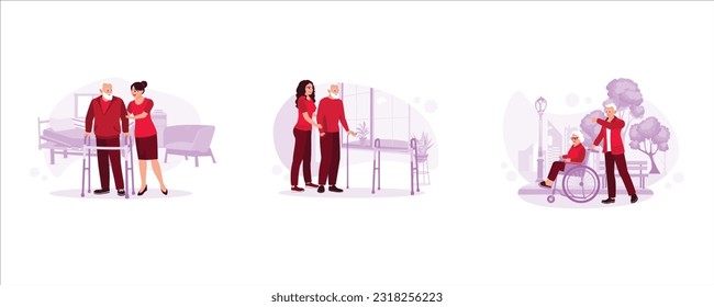 Nurses help elderly patients walk with crutches. Grandson helping grandfather walk with a cane. Husband pushing wife wheelchair. Trend Modern vector flat illustration.