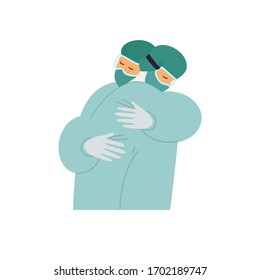 Nurses hug Medical staff wearing personal protective equipment for medical professionals Sad and tired people Vector flat illustration isolated on white background set